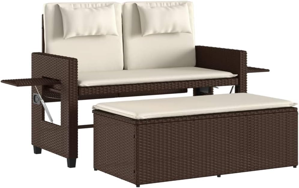 Garden Bench Brown, Cream White,Reclining Garden Bench with Adjustable Armrests & Luxurious Cushions Brown Poly Rattan Outdoor Seating for or Terrace Patio Furniture