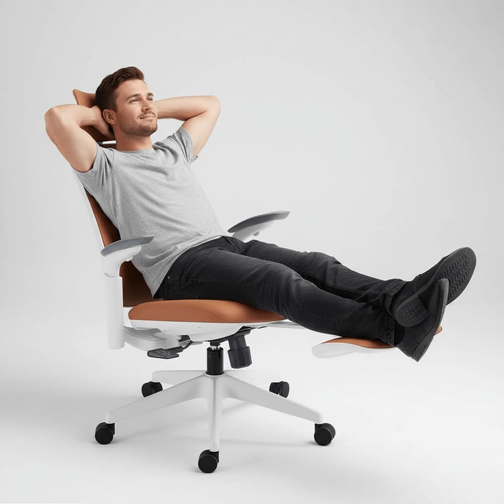 Sunaofe Boss Pro Leather Ergonomic Office Chair with Footrest - Executive Chair, 4D Armrests, Adaptive Lumbar, 125° Recline, 300lb Capacity, 5-Year Warranty White Frame/Brown