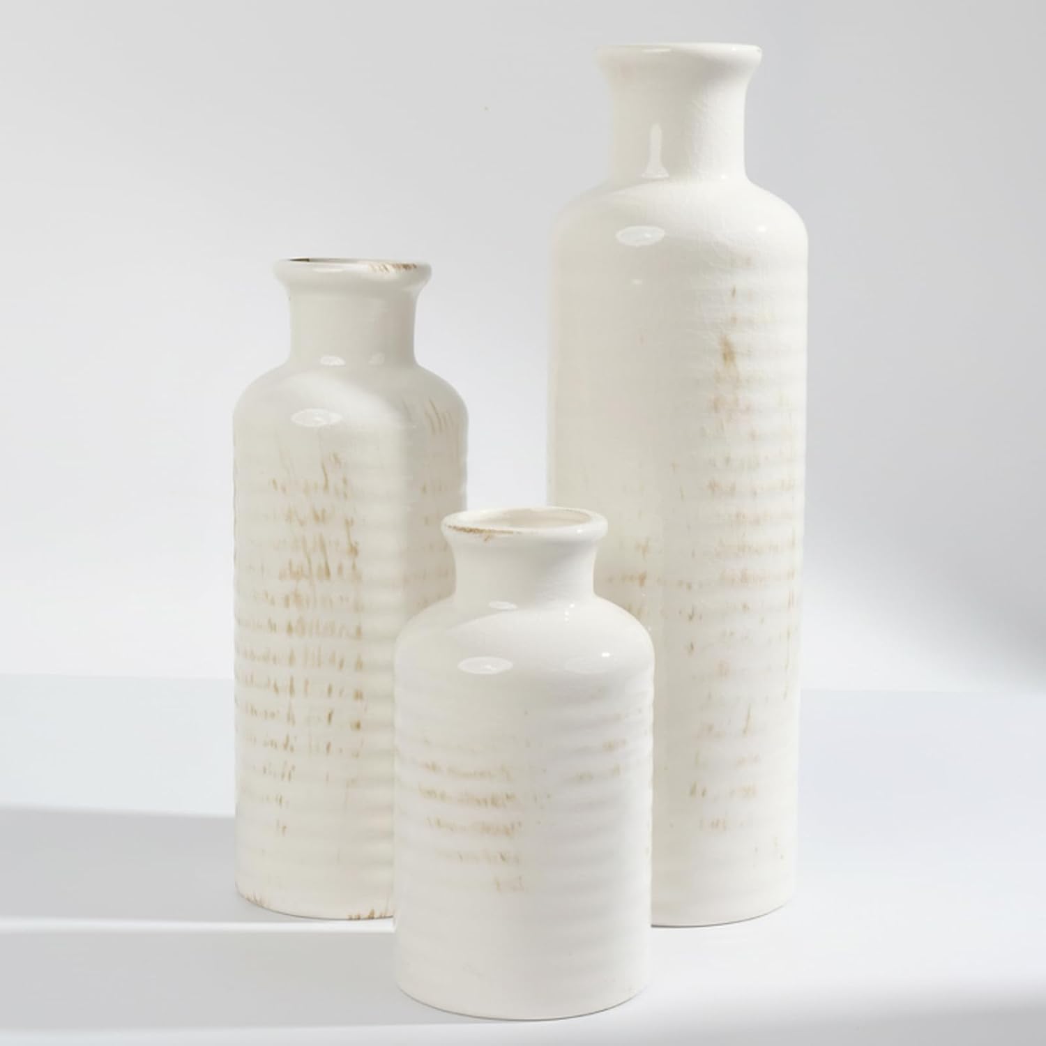 White Ceramic Vase Set of 3 – Ribbed Texture Crackle Glaze Bottle Vases for Rustic Farmhouse Table Centerpiece, Shelf & Mantel Decor