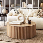 Minimalist Solid Wood Drum End Table, Fluted Round Design, Fully Assembled Nightstand for Living Room, Bedroom, Entryway, Stylish & Functional Accent Furniture
