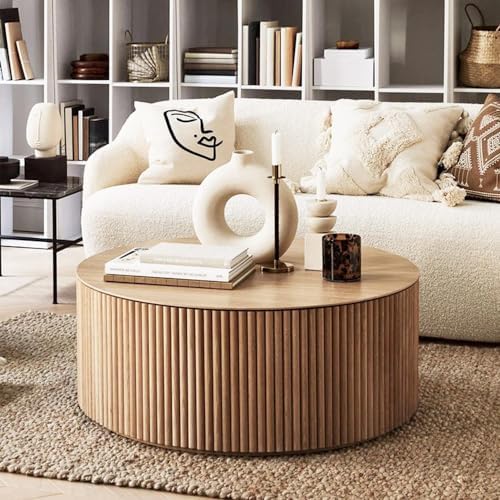 Minimalist Solid Wood Drum End Table, Fluted Round Design, Fully Assembled Nightstand for Living Room, Bedroom, Entryway, Stylish & Functional Accent Furniture