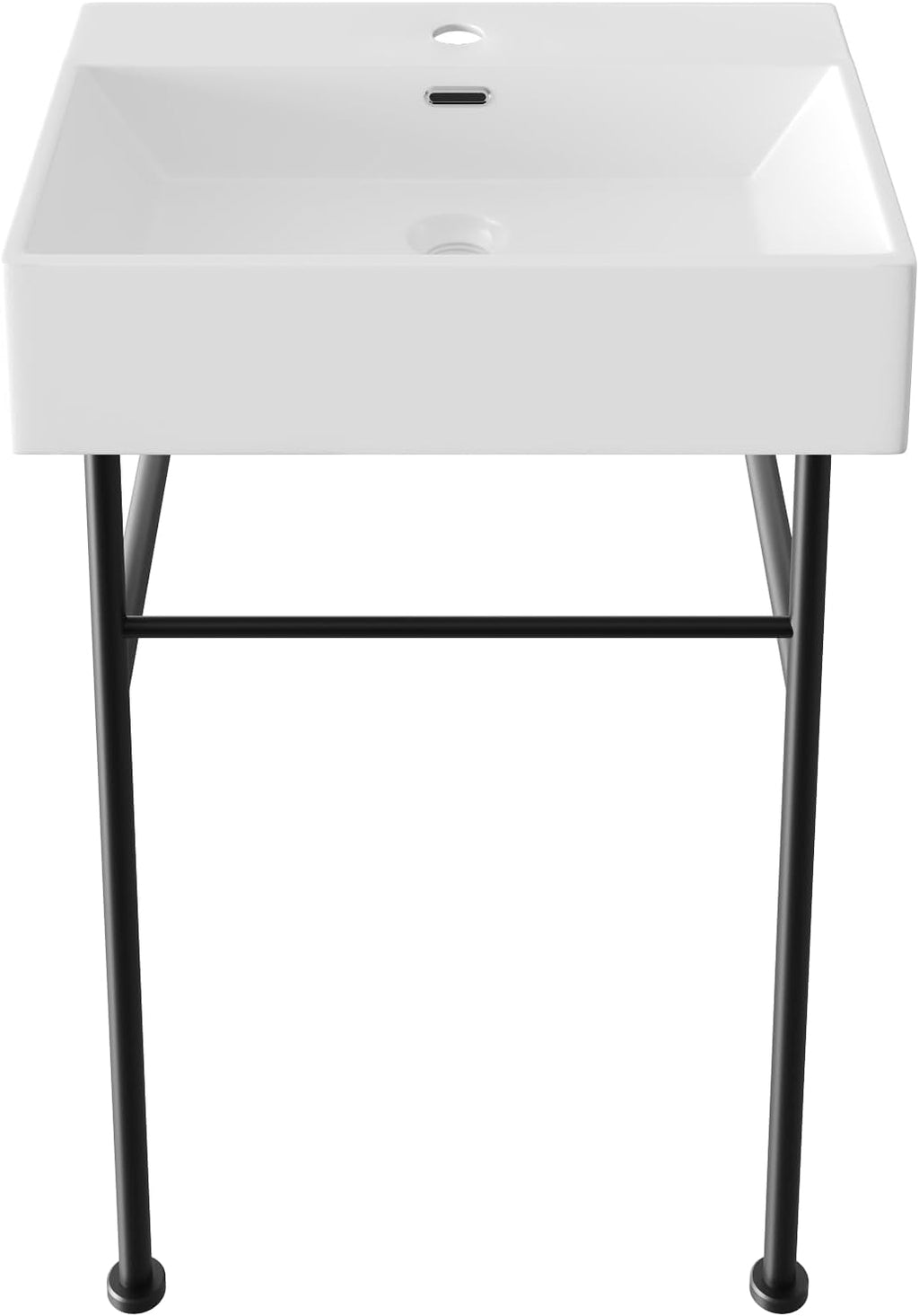 DeerValley 24"x17" Console Bathroom Sink, Free Standing 30 Inch Stainless Steel Support Pedestal Legs, Wall-Mounted White Ceramic Basin, Modern Rectangular Sink Porcelain, Matte Black