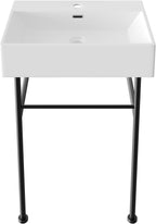 DeerValley 24"x17" Console Bathroom Sink, Free Standing 30 Inch Stainless Steel Support Pedestal Legs, Wall-Mounted White Ceramic Basin, Modern Rectangular Sink Porcelain, Matte Black