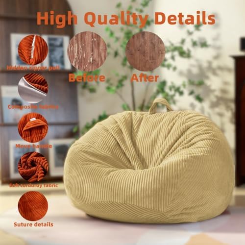 Stuffed Animal Storage Bean Bag Chair Cover,Corduroy Kids Sofa (No Filler) | Holds 80+ plush toys, 220LBS, soft washable, reinforced zipper. Playroom bedroom reading nook. Toddler teen adult. Cover only