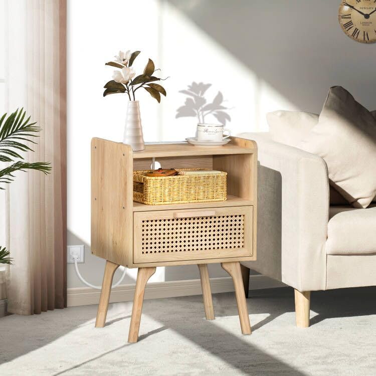 Lerliuo Rattan Nightstand with Charging Station, Boho Night Stand | Side Table with Drawer Open Shelf, Cane Accent Bedside End Table for Bedroom, Dorm and Small Spaces