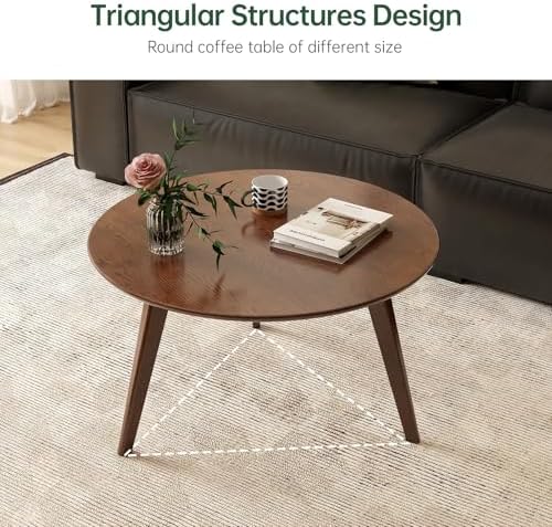 100% Solid Oak Wood Coffee Table Set, Round Coffee Table Combo Side Table w/Solid Wood Legs, Mid Century Table Sturdy Tables for Bedroom Balcony Living Room (Walnut, Small-Medium Combo)