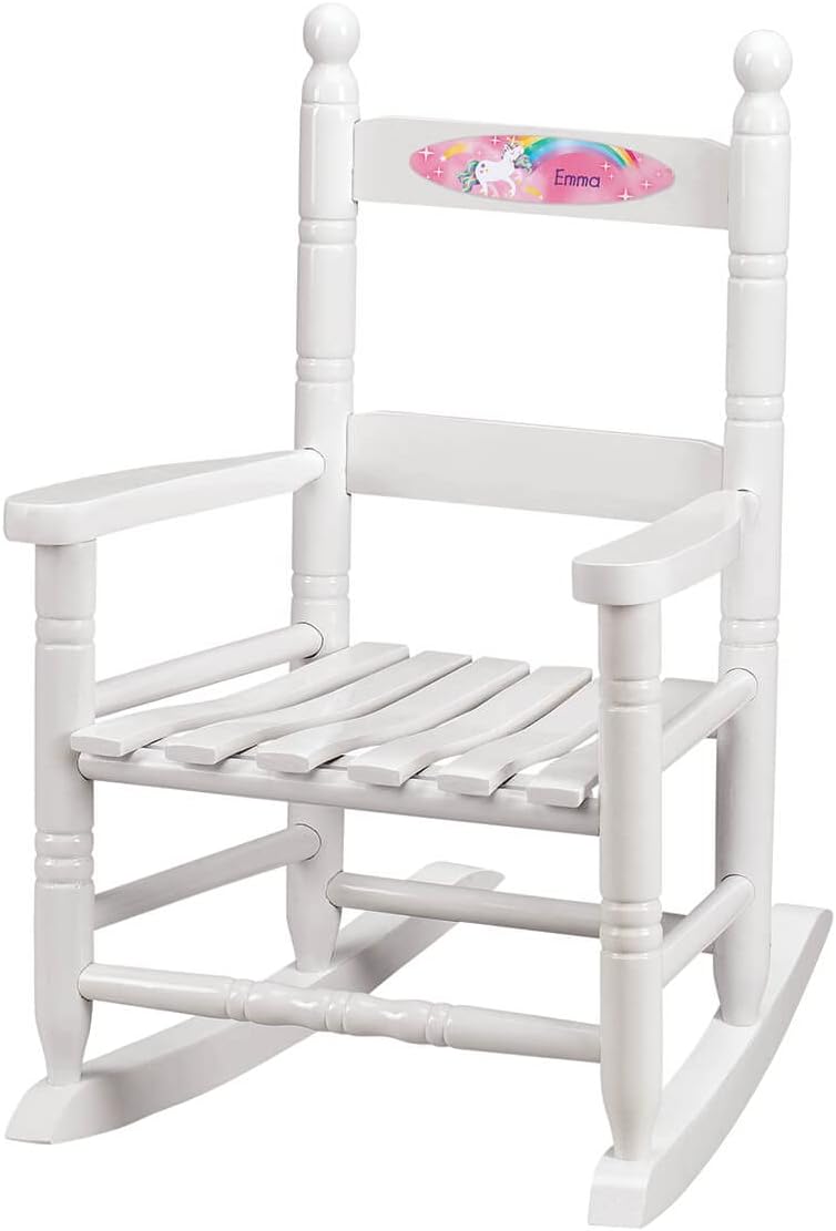 Fox Valley Traders Custom Unicorn Children's Rocking Chair, Durable Wood - Measures 14 1/2" Wide x 11 1/2" Deep; 22 1/2" Overall Height, White Font