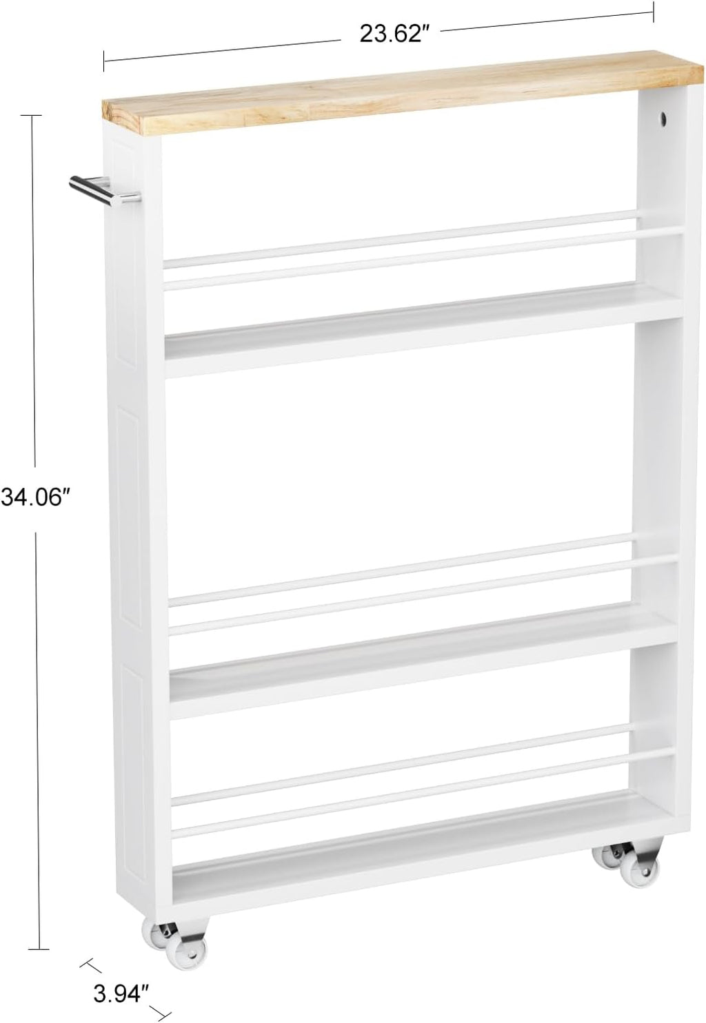 KLM 4 Tier White Slim Storage Cart with Handle, Slide Out Storage Rolling Utility Cart for Kitchen, Laundry, Narrow Places