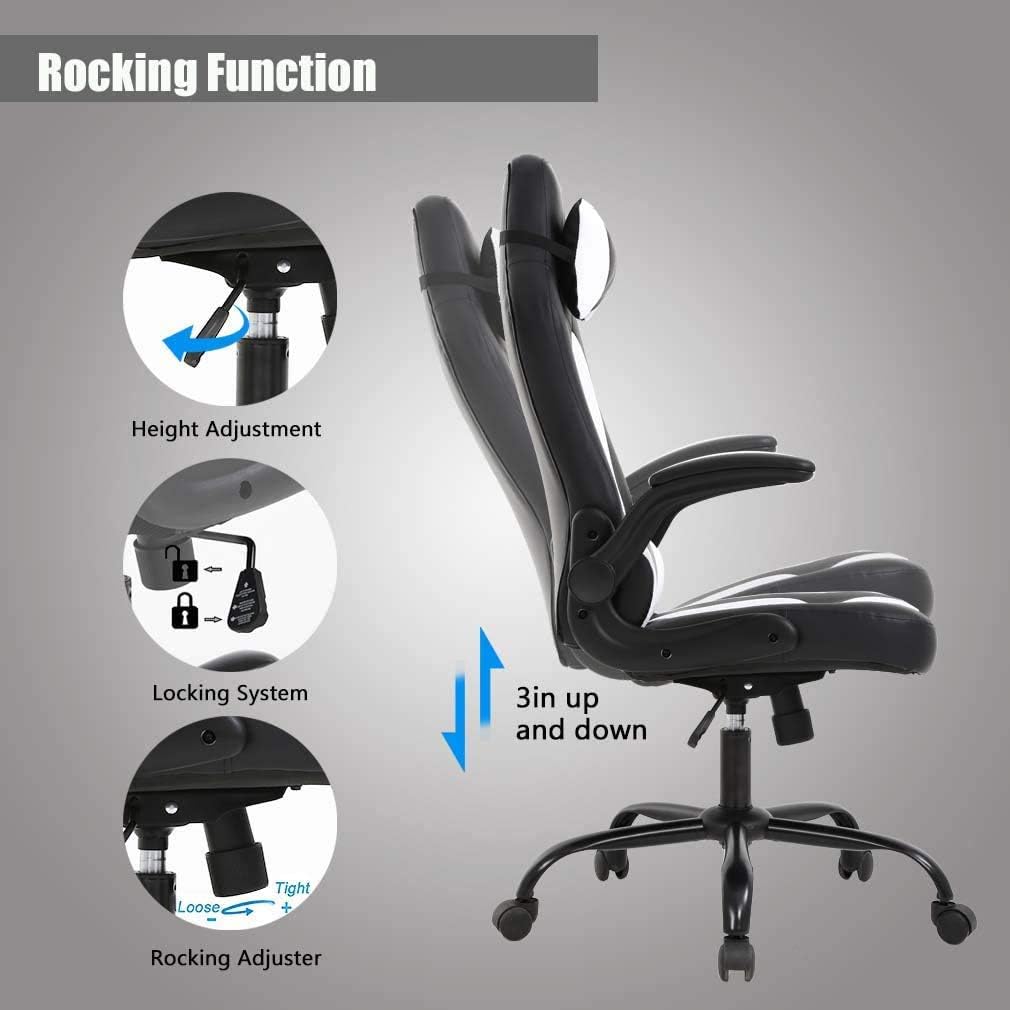 FDW Gaming Chair Racing Style Office Chair High Back Desk Chair Executive PU Leather Rolling Task Swivel Computer Chair with Lumbar Support Headrest, White