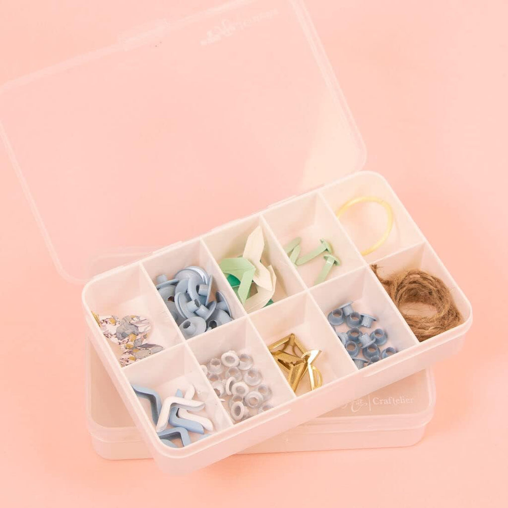Craftelier - Mini Organizing Box with 10 Compartments for Scrapbooking and Craft Materials | Dimensions 14.6 x 9.1 x 3.2 cm (5.75“ x 3.6” x 1.25") - Clear & White Color