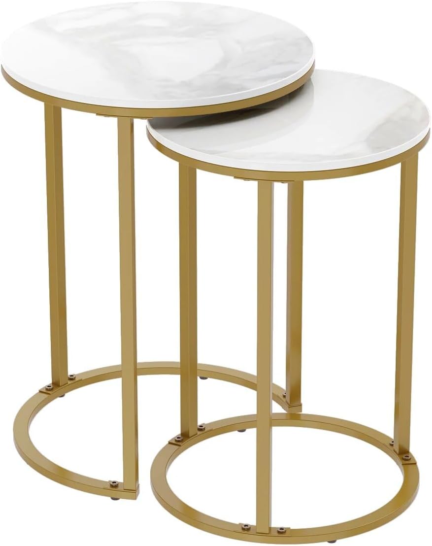 Set of 2 Modern Round Marble Metal Base Nesting Set Side Accent Table Living Room Storage Small End Table Coffee Table, Marble and Gold