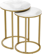 Set of 2 Modern Round Marble Metal Base Nesting Set Side Accent Table Living Room Storage Small End Table Coffee Table, Marble and Gold