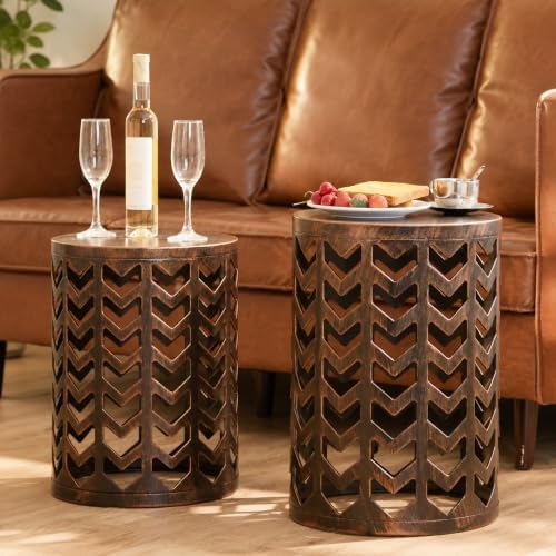 Y&M Outdoor Side Tables Set of 3, Round Heavy Duty Metal Nesting End Tables, Stacking Patio Accent Tables for Outside, Balcony, Garden, Porch, Indoor & Outdoor, Black with Bronze