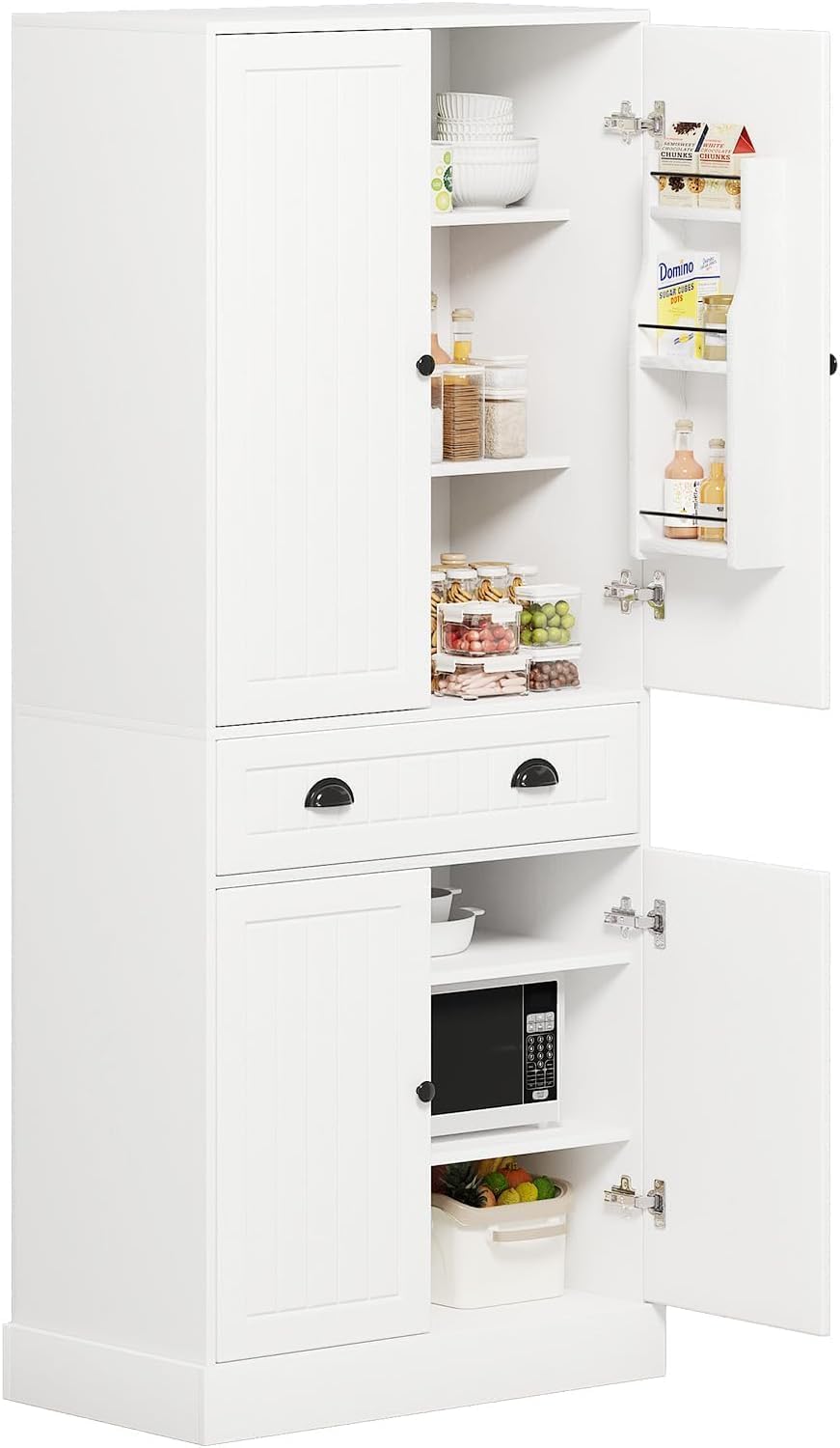 4 EVER WINNER 72" Tall Kitchen Pantry Storage Cabinet, Farmhouse Pantry Cabinet with Adjustable Shelves and Drawers, Rustic Wood Cupboard for Kitchen, Dining Room, Living Room, Bedroom, White