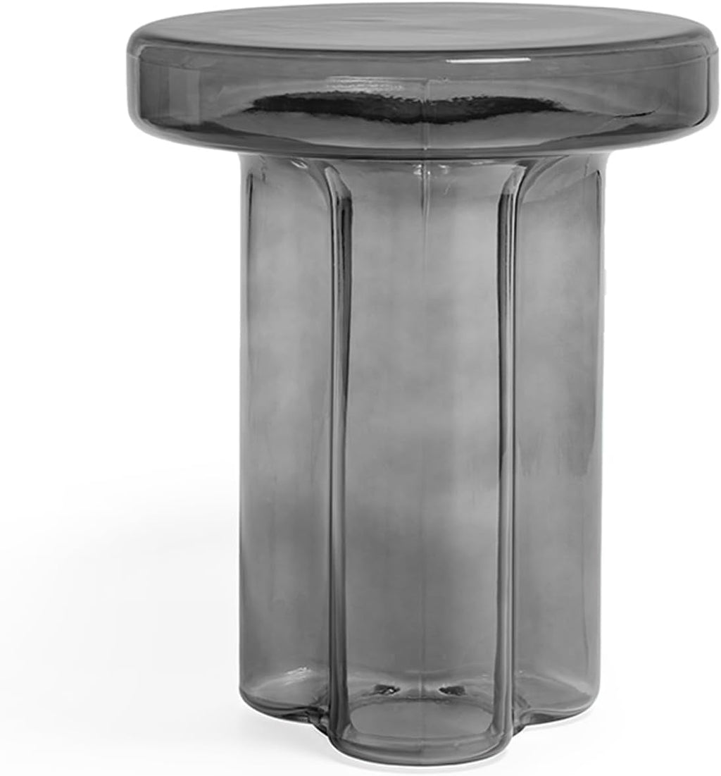 Storm Glass Side Table for Living Room, Round End Table with Tempered Glass Top (Grey, 14.96)