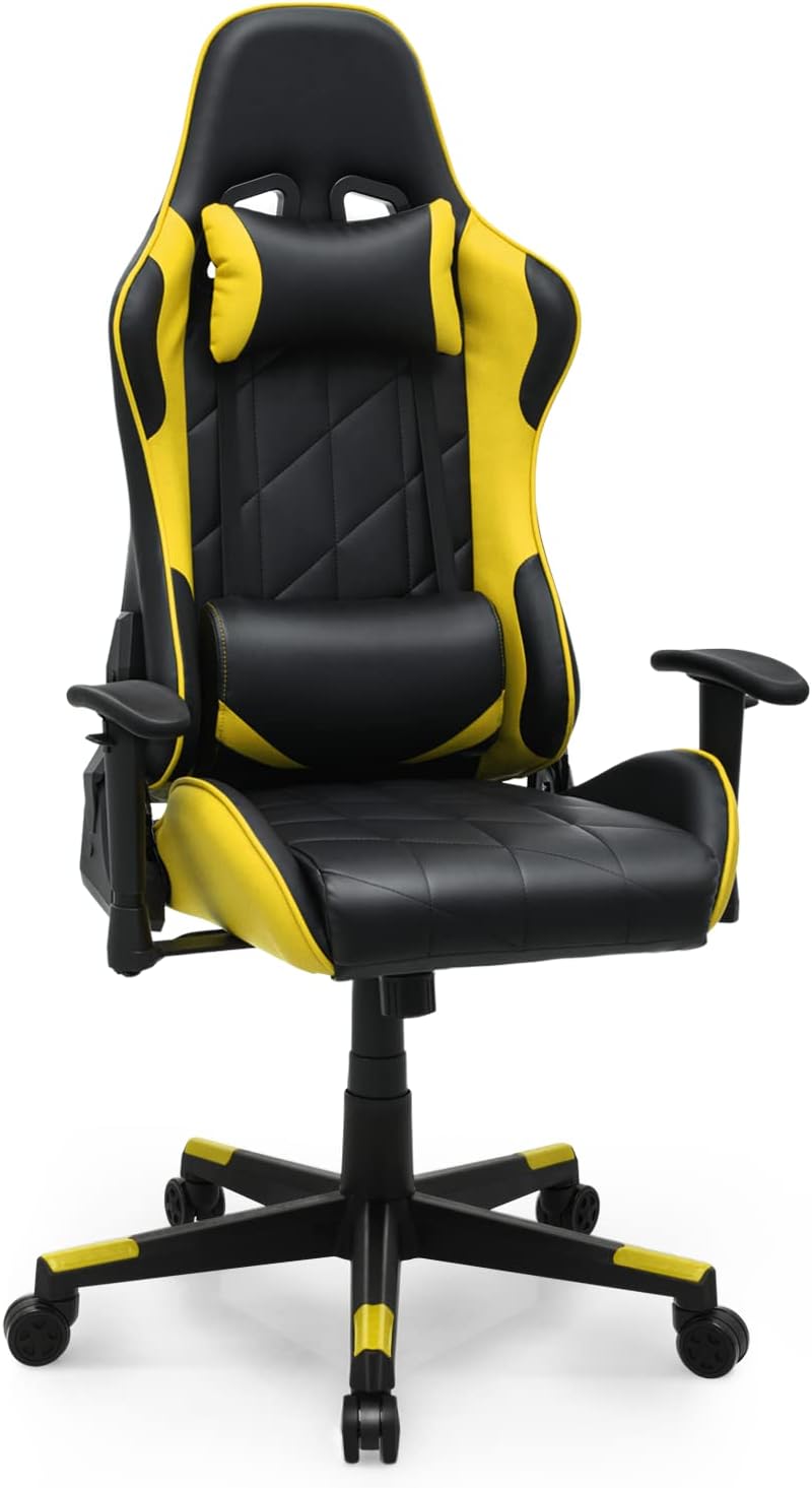 MoNiBloom Gaming Chair Racing Style High-Back Reclining Ergonomic Swivel Chair with Adjustable Headrest and Lumbar Support, PU Leather Executive Chair for Home Office Gaming, Yellow