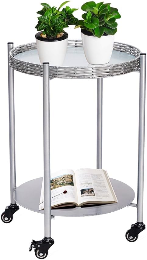 2-Tier Round Rolling Side Table, Silver Gray Metal Frame, 15.75 inch Diameter, Mobile End Table with Wheels for Living Room, Bedroom