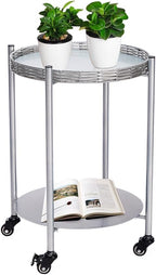 2-Tier Round Rolling Side Table, Silver Gray Metal Frame, 15.75 inch Diameter, Mobile End Table with Wheels for Living Room, Bedroom
