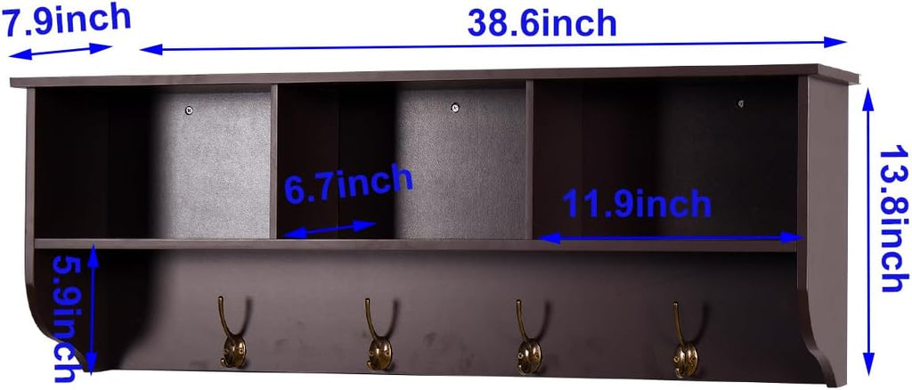 38.6inch Wall Mounted Entryway Coat Rack with Storage Shelf 4 Dual Hooks Wooden Storage Living Room Wall Cabinet with 3 Cubbies Space Saving Hanging Shelf for Hats Bags Coats (Espresso)