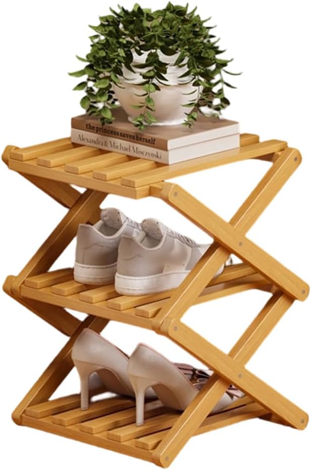 Foldable Shoe Rack, 1 Pack Multi Tier Bamboo Vertical Shoe Organizer Tall for Multifunctional Narrow Shoe Shelf, Space Saving Footwear Holder Unit for Entryway Closet Corner Hallway