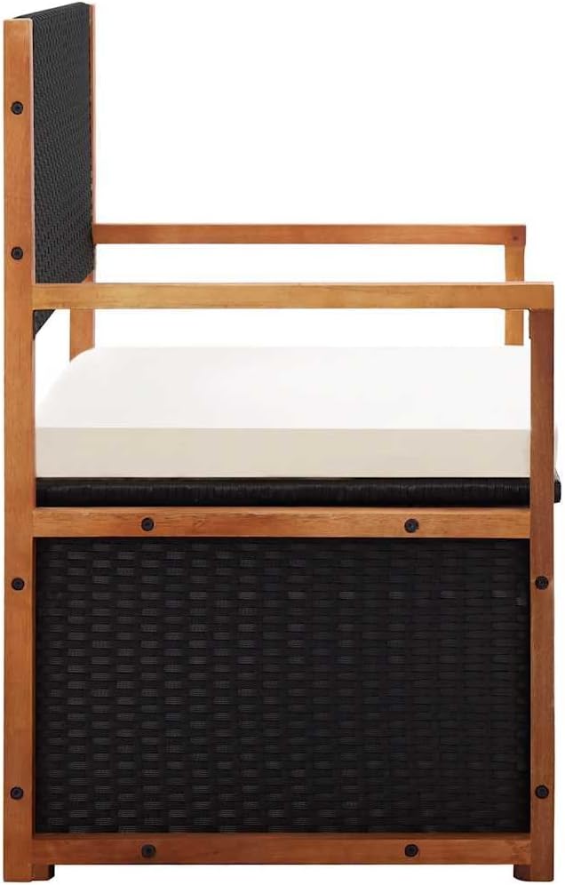 45.3" Storage Bench Poly Rattan and Solid Acacia Wood Outdoor Garden Bench with Interior Storage and Removable Cushion for Patio Deck Porch Black and Natural