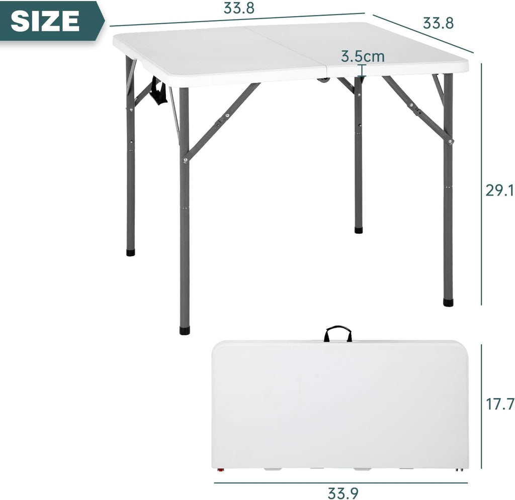FDW 34" Square Outdoor Dining Table, Foldable Portable Plastic Folding Card Table with Built in Carrying Handle and Height Adjustable for Party and Wedding Use, White