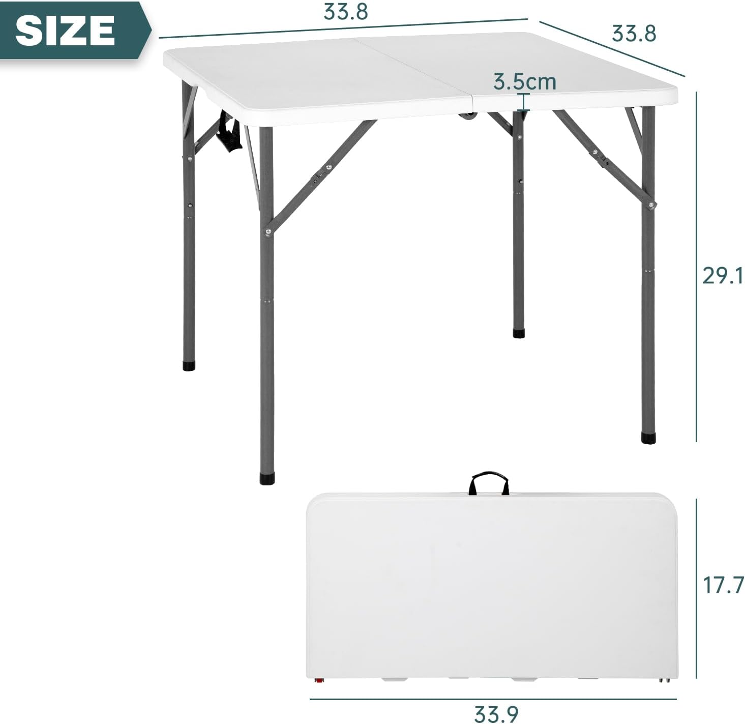 FDW 34" Square Outdoor Dining Table, Foldable Portable Plastic Folding Card Table with Built in Carrying Handle and Height Adjustable for Party and Wedding Use, White
