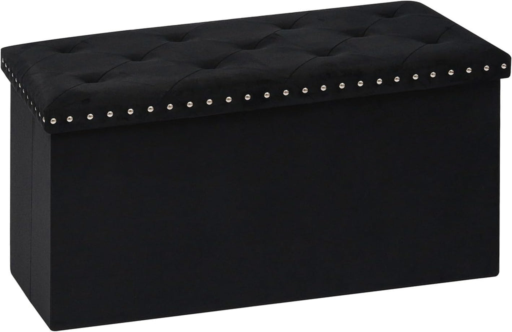 PINPLUS Velvet Storage Ottoman Bench with Foot Rest, Large Long Folding Shoes Stool, Sturdy Space-Saving Furniture for Bedroom Living Room, Black, 30"x15"x15"