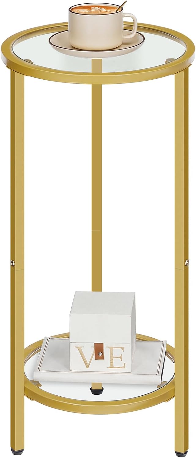 HOOBRO Small Round Side Table, Gold Accent End Table with Tempered Glass Tabletop, 28” H Nightstand for Small Space, Living Room, Bedroom, Balcony, Gold GD228BZ01