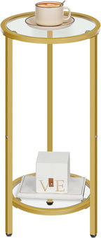 HOOBRO Small Round Side Table, Gold Accent End Table with Tempered Glass Tabletop, 28” H Nightstand for Small Space, Living Room, Bedroom, Balcony, Gold GD228BZ01