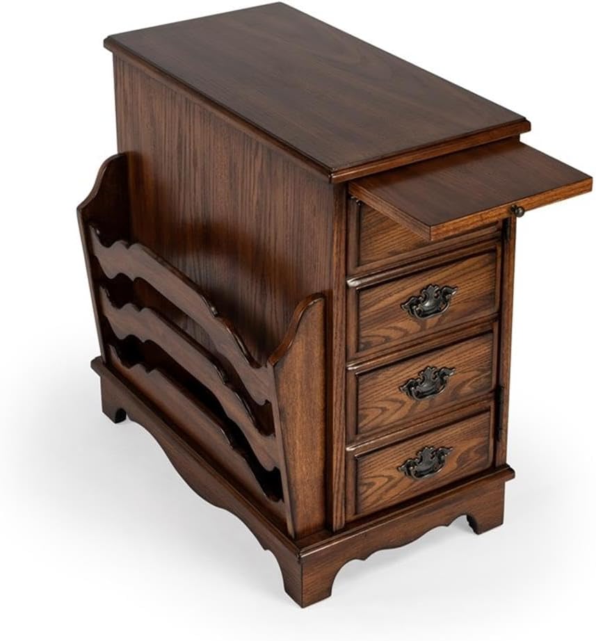 Beaumont Lane Modern Traditional Wooden Side Table, Cherry Veneers, Vintage Oak Finish, 14.5"W x 24"D x 24"H, Magazine Storage, Pull-Out Tray, Adjustable Shelf, Antique Brass Pulls for Living Room or