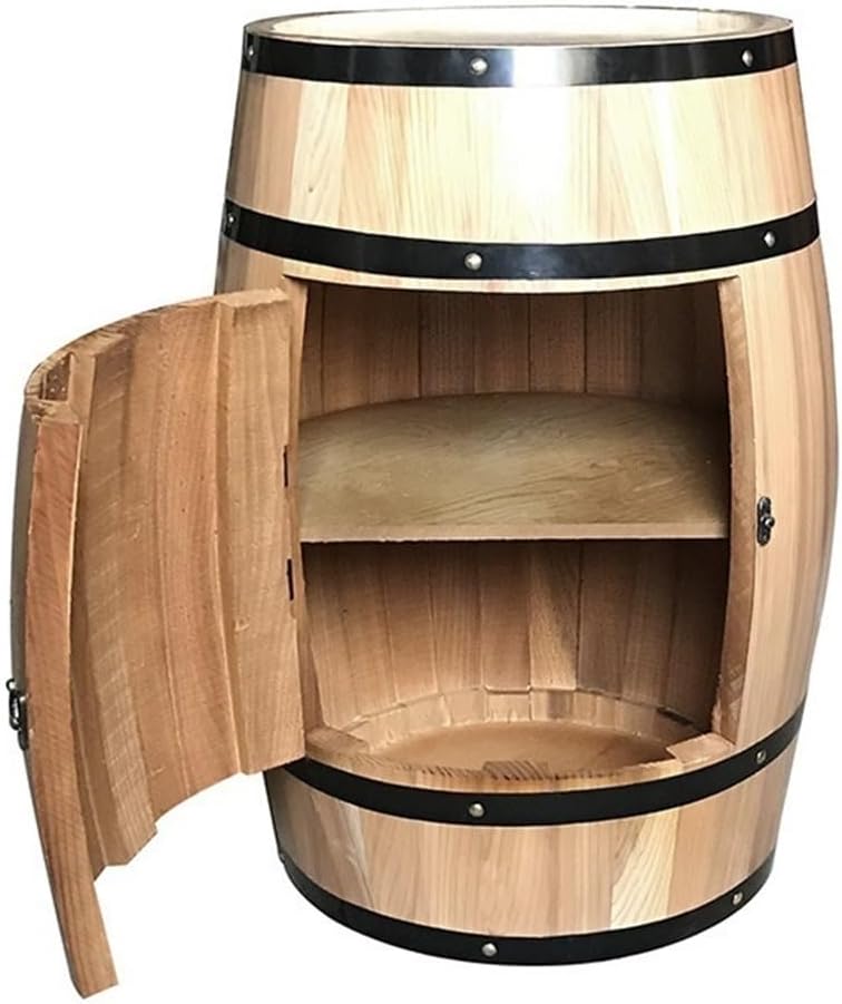 Solid Wood Whiskey Barrel Table, Rustic Wine Barrel Side Table with Shelves, Whiskey Cabinet Home Decor for Home Bar or Living Room(Natural,Large)