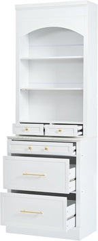 Modern 83.7inch High Kitchen Pantry, Freestanding Tall Kitchen Hutch with Faux Marble Top,Cupboard Cabinet with 5 Storage Drawers and Adjustable Shelf, Set of 2 (White-074)