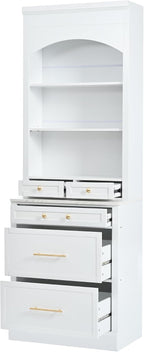 Modern 83.7inch High Kitchen Pantry, Freestanding Tall Kitchen Hutch with Faux Marble Top, Display Cupboard Cabinet with 5 Storage Drawers and Adjustable Shelf (White-073)