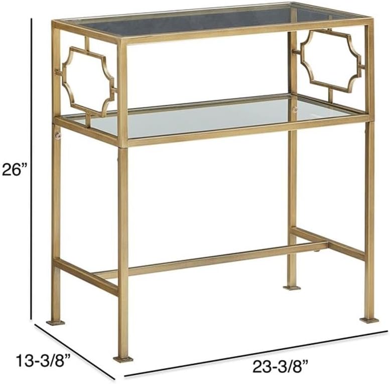 Pemberly Row Rectangular Accent Table, Antique Gold Metal Frame and Clear Tempered Glass, 23.38" W x 13.38" D x 26" H, 2-Tier Design with H-Style Stretcher, Modern Table for Living Room or Entryway