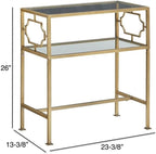 Pemberly Row Rectangular Accent Table, Antique Gold Metal Frame and Clear Tempered Glass, 23.38" W x 13.38" D x 26" H, 2-Tier Design with H-Style Stretcher, Modern Table for Living Room or Entryway