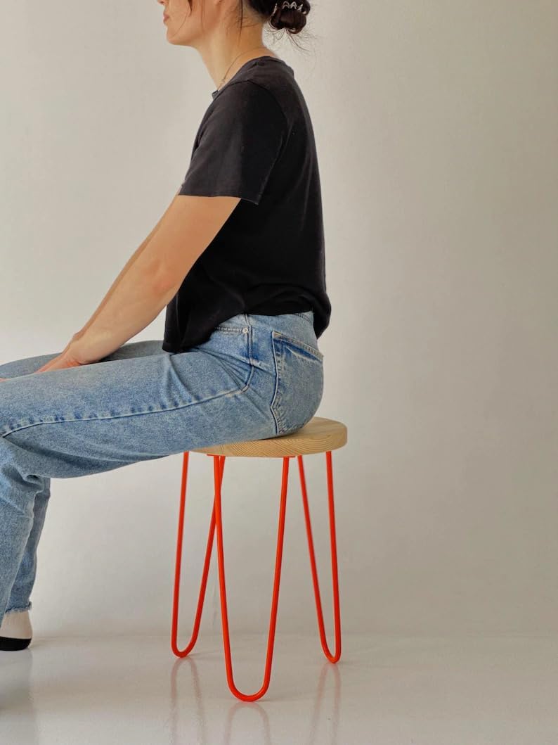 Handmade Minimalist Stool - Colorful Wooden Side Table with Hairpin Legs, Natural Pine Wood Seat with Powder-Coated Metal Legs, Multifunctional Accent Stool for Living Room, Kitchen, Bedroom