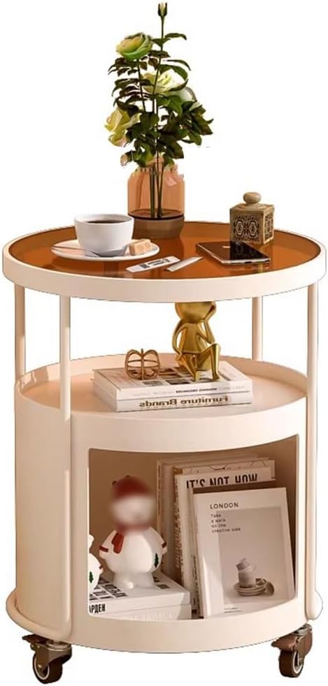 Mobile Glasstop Side Table Living Room End Tables with 3 Tier,Small Corner Table Nightstand for Bedroom,Modern Coffee Table for Small Space(White,C)
