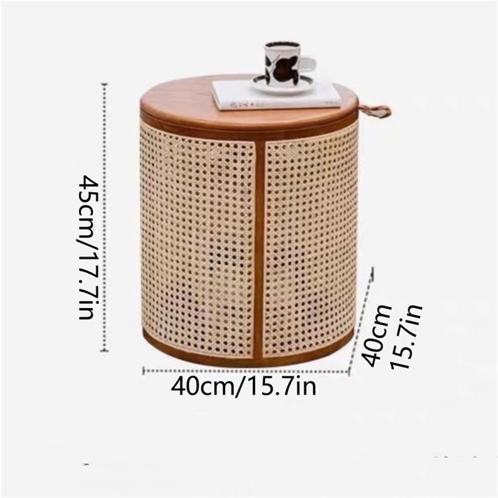 Round Rattan Storage Side Table Wooden Stool Stylish Woven Storage Solution Versatile Coffee Table for Living Room Balcony Practical(Black)