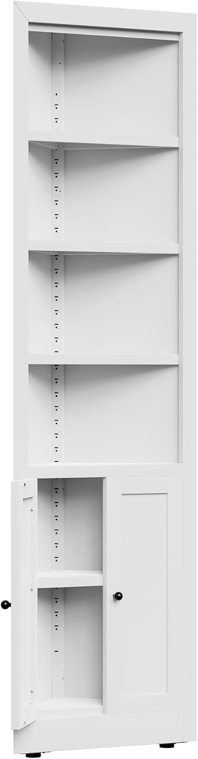Tall Corner Pantry Cabinet for Living Room, 71 Inch 5-Tier Metal Corner Kitchen Cabinet, Adjustable Shelves, Floor Corner Bathroom Cabinet with Storage Shelves for Laundry Room, Space Saving, White