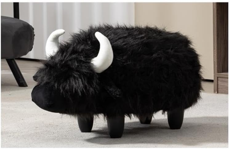 Pemberly Row Harry the Cow Storage Ottoman, Black Faux Fur Upholstery, Wood Frame, Hidden Storage, 14.96" W x 24.8" D x 14.56" H, Kids' Room, Playroom, or Living Room Furniture