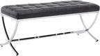 HEAH-YO Modern Dining Bench for Table, Button Tufted Ottoman Bench with Metal Legs, Upholstered PU Faux Leather Footstool for Living Room Entryway, Black