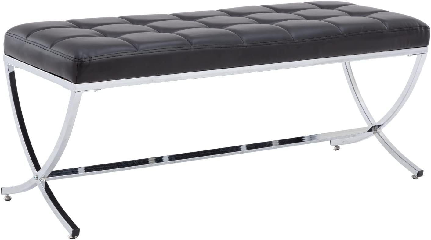 HEAH-YO Modern Dining Bench for Table, Button Tufted Ottoman Bench with Metal Legs, Upholstered PU Faux Leather Footstool for Living Room Entryway, Black