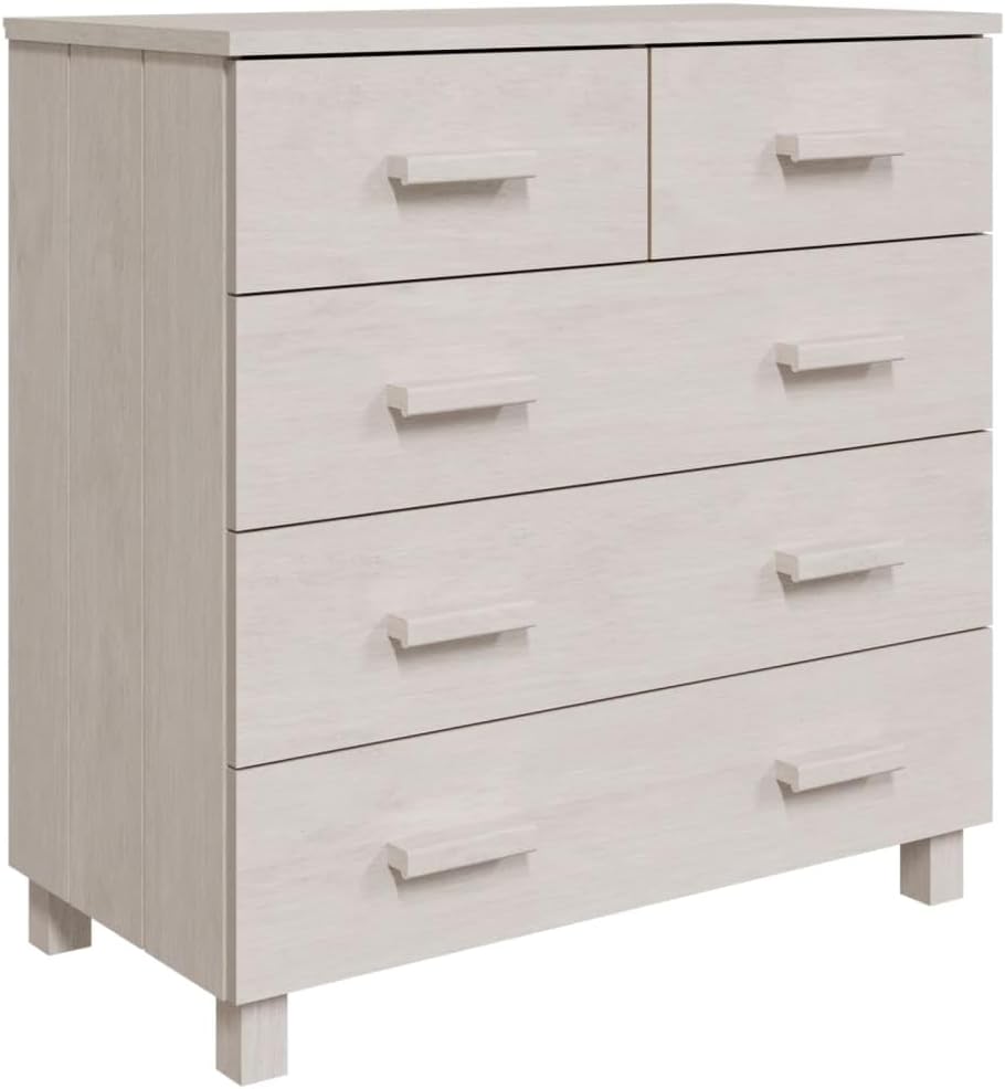 Modern White Sideboard with Sliding Doors and Five Drawers, Solid Pinewood and MDF Buffet Cabinet for Living Room Dining Area Storage
