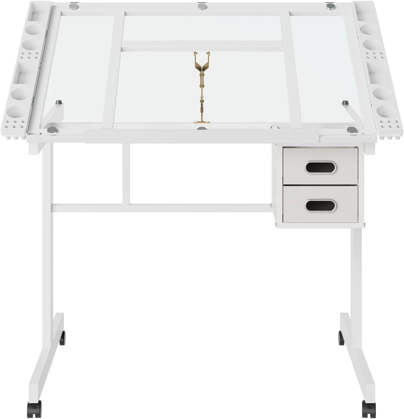 Rolling Drafting Table on Wheels, Painting Table Art Craft Desk Crafting Table with Tilting Transparent Tempered Glass Top, 2 Fabric Storage Drawers and 4 Wheels (White)