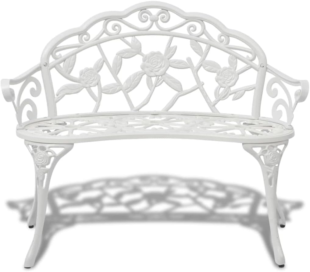 Outdoor Garden Bench 39.4 Inch White Metal Park Seat Cast Aluminum and Iron Floral Motif Furniture for Patio Backyard Porch Seating for 2 People