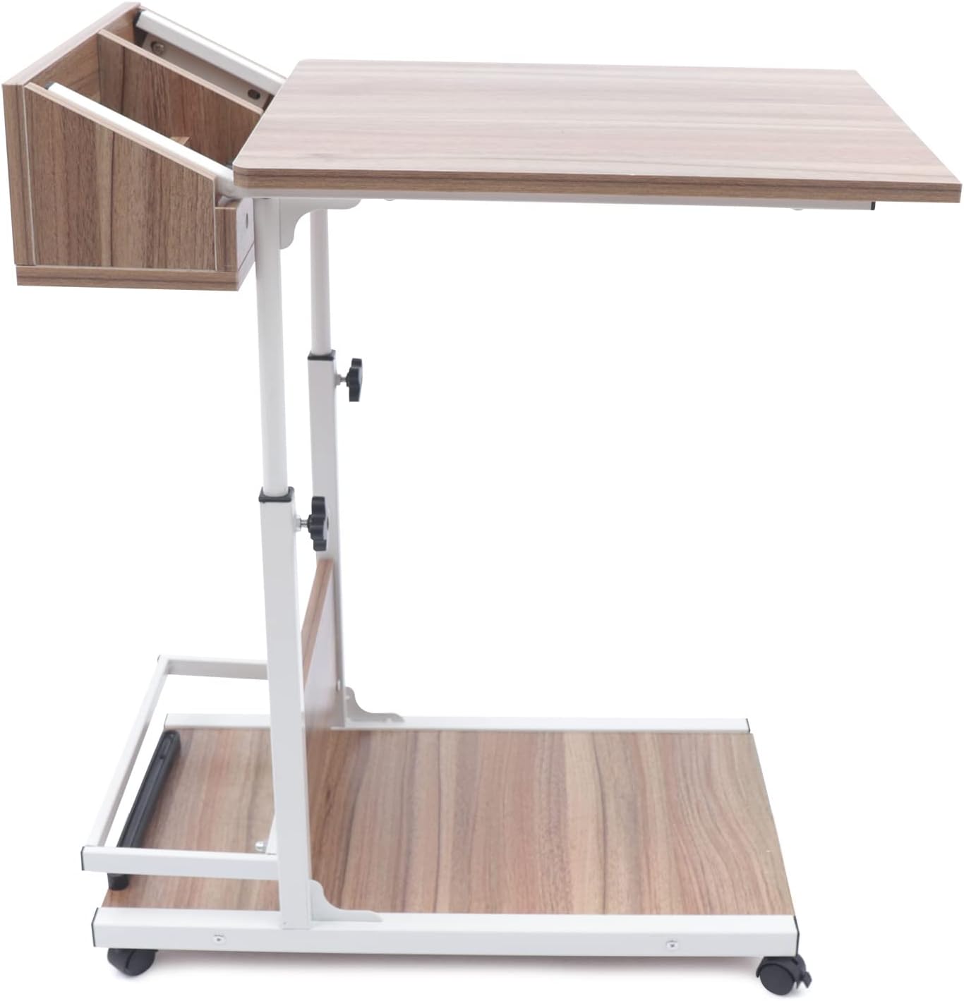 Shaped End Table Adjustable Height C Table with Wheels with Storage Wooden Snack Side Mobile Couch Table for Living Room Bedroom Study Rooms, Dormitories