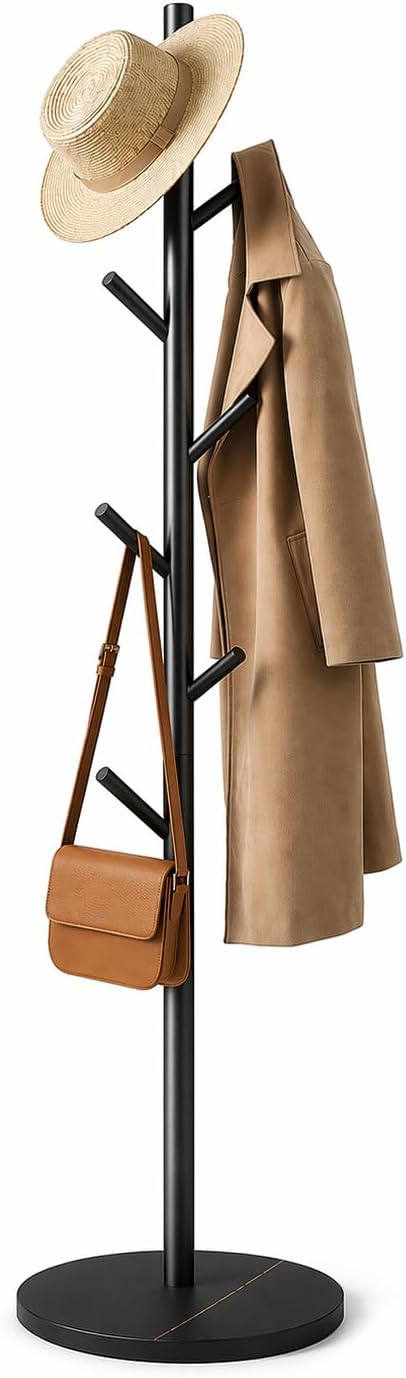Coat Rack Freestanding with 7 Hooks Modern Hall Tree 3 Adjustable Height | Heavy Duty Metal Clothes Hook Stand with Base for Entryway Bedroom Office for Coats Hats Bags and Purses, Black
