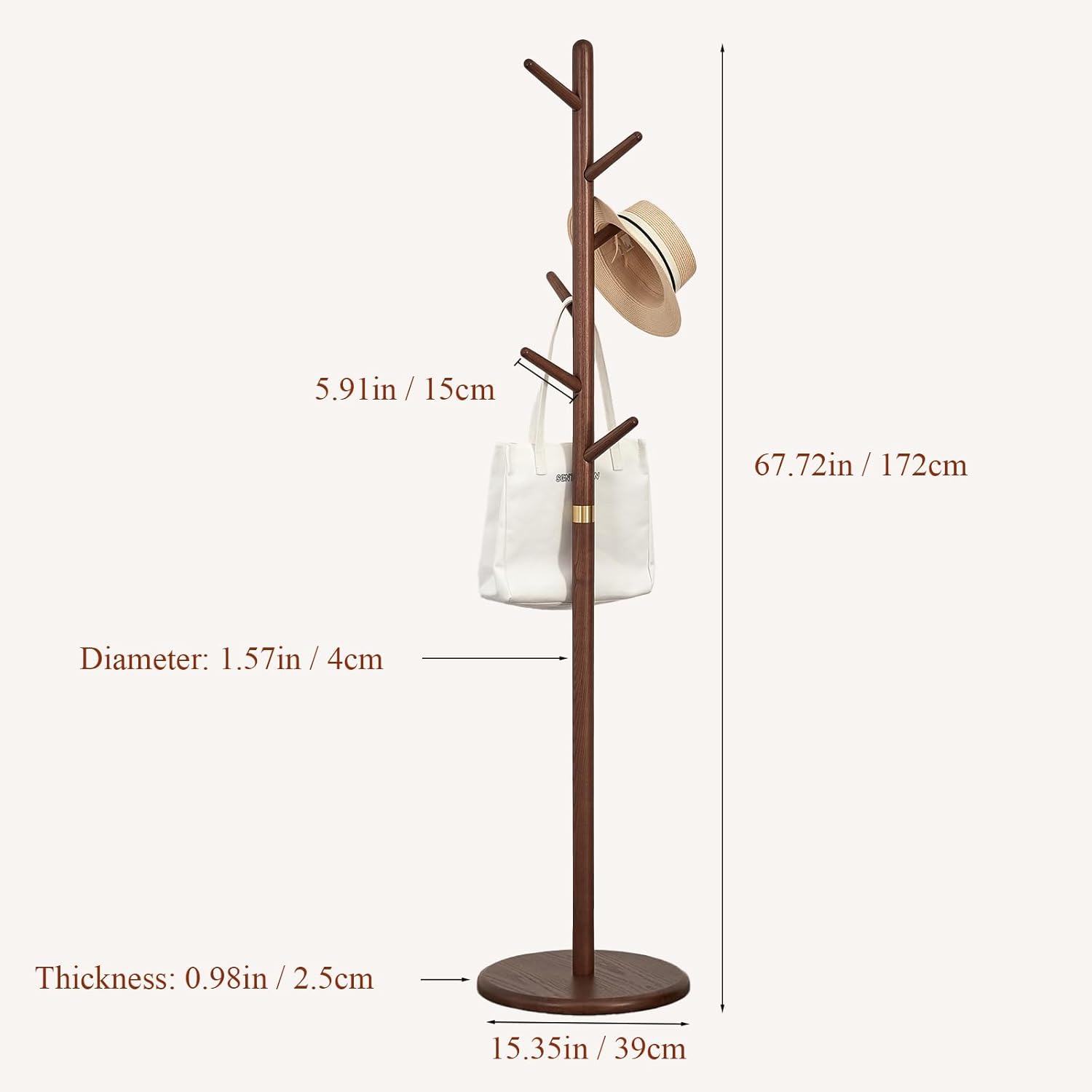 Coat Rack, Solid Wood Coat Rack Freestanding with 6 Hooks, Wooden Coat Tree Freestanding for Hats, Handbags, Coat Stand for Entryway, Bedroom, Hallway - Gift for Her (Walnut)