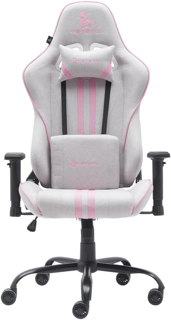 NEWSKILL Kitsune V2 Breathable Fabric Gaming Chair, Lumbar and Cervical Cushions Included, 180 Recliner, Supports up to 300 lbs, Pink